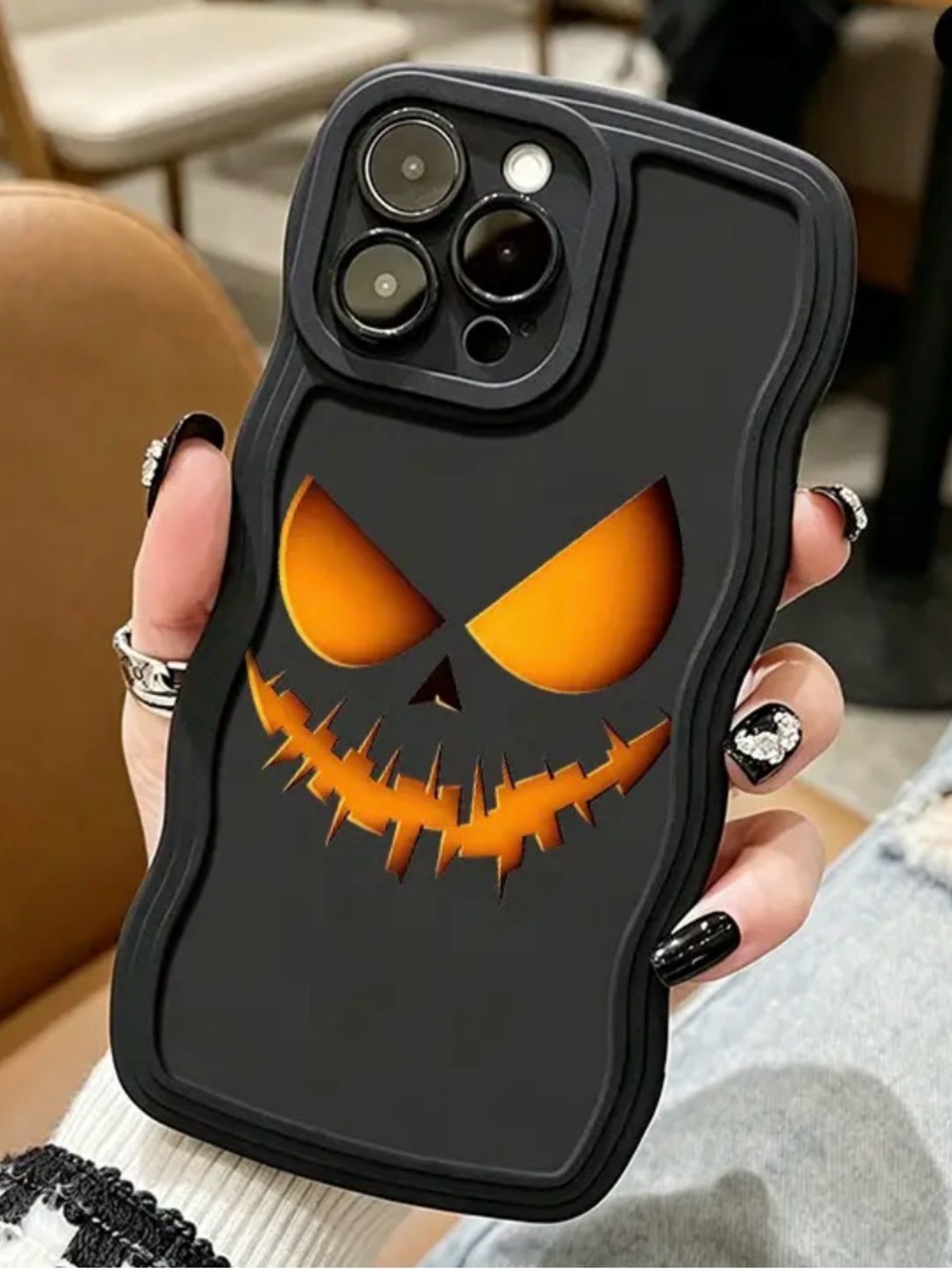 Alternative Black Silicone Pumpkin Face Phone Case with Orange Cutout Accent
